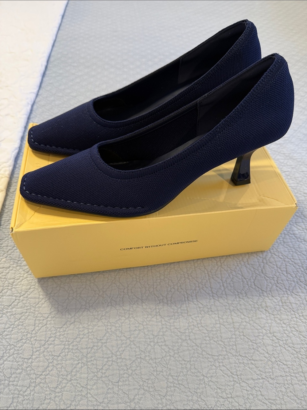 Women's Navy Square Toe Mid Heel Pumps